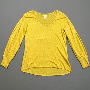 Sundance Linen Top Blouse Crochet V-Neck Puff Sleeve Mustard Yellow Womens S